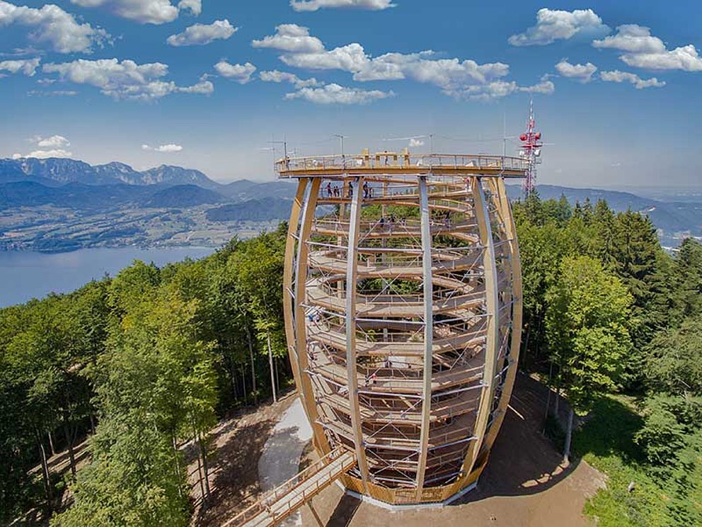 Blick auf den Turm beim Baumwipfelpfad im Salzkammergut