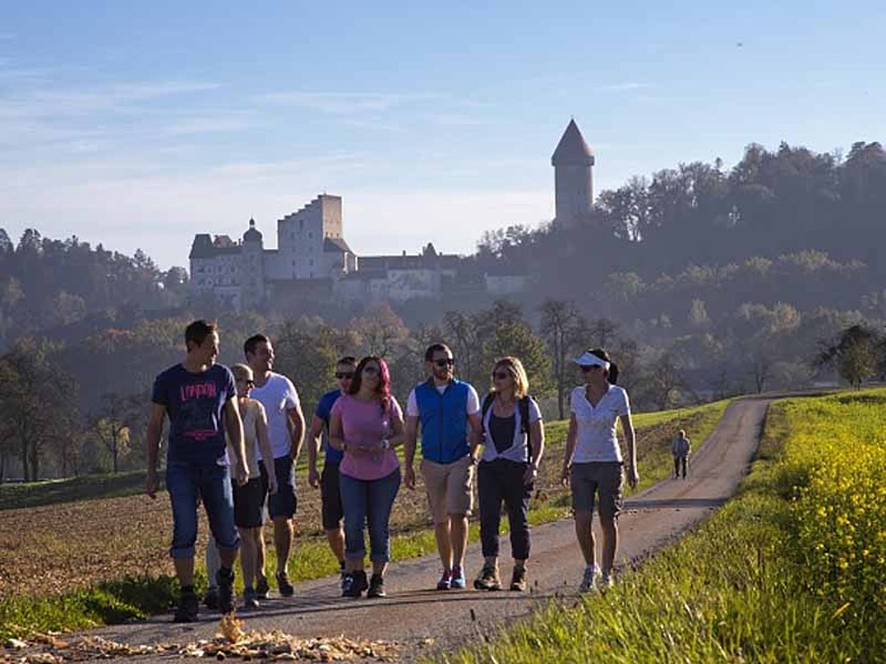 Wandergruppe vor der Kulisse der Burg Clam
