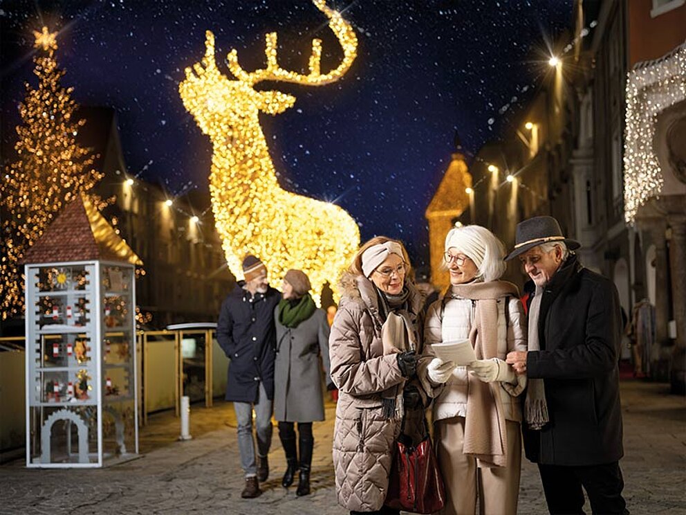 Gruppe am Welser Adventmarkt mit beleuchtetem Hirsch im Hintergrund