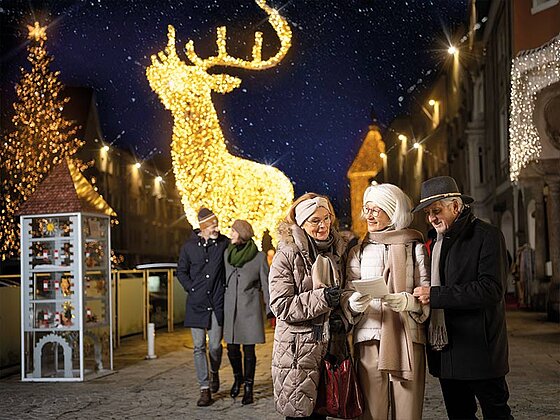 Gruppe am Welser Adventmarkt mit beleuchtetem Hirsch im Hintergrund