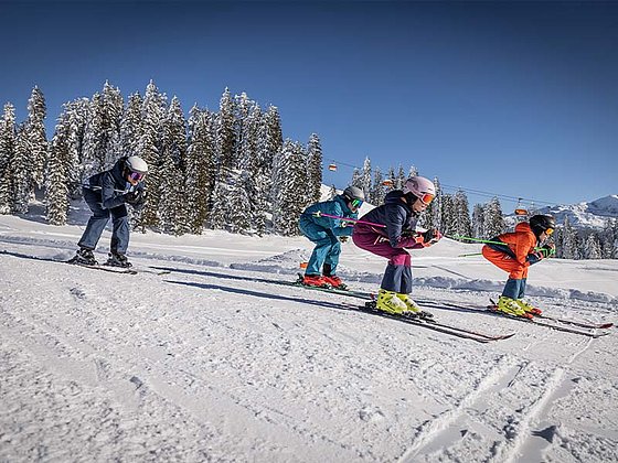 4 Skifahrer in Hocke 