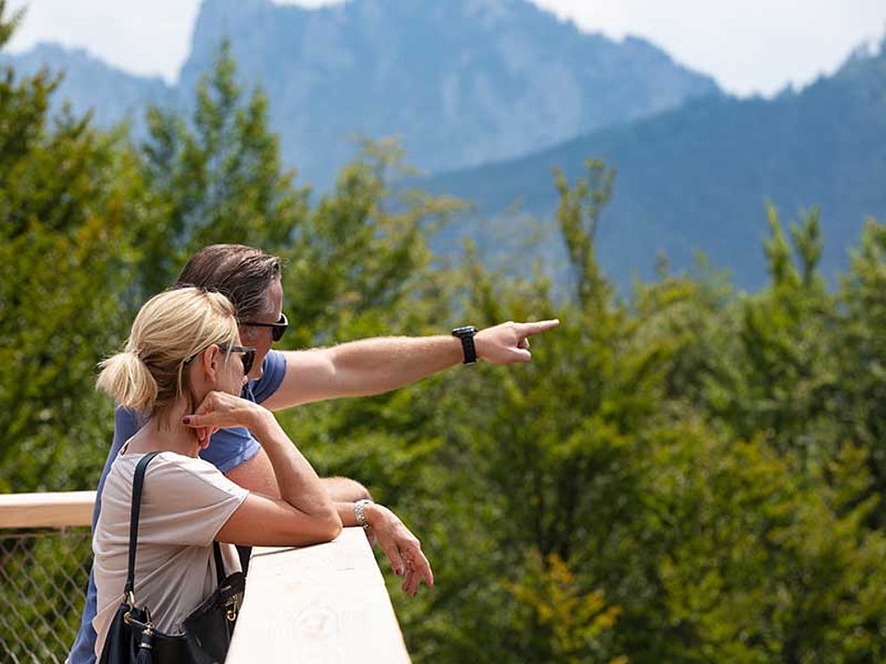 Paar genießt Ausblick am Baumwipfelpfad im Salzkammergut