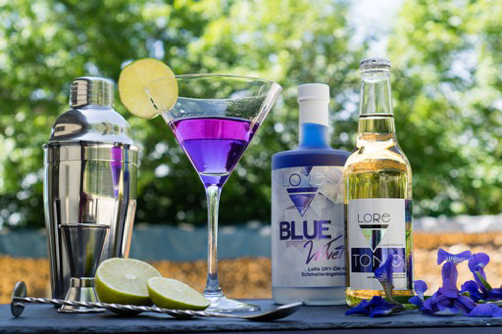 Eine Flasche Gin mit Cocktailmixer und Glas