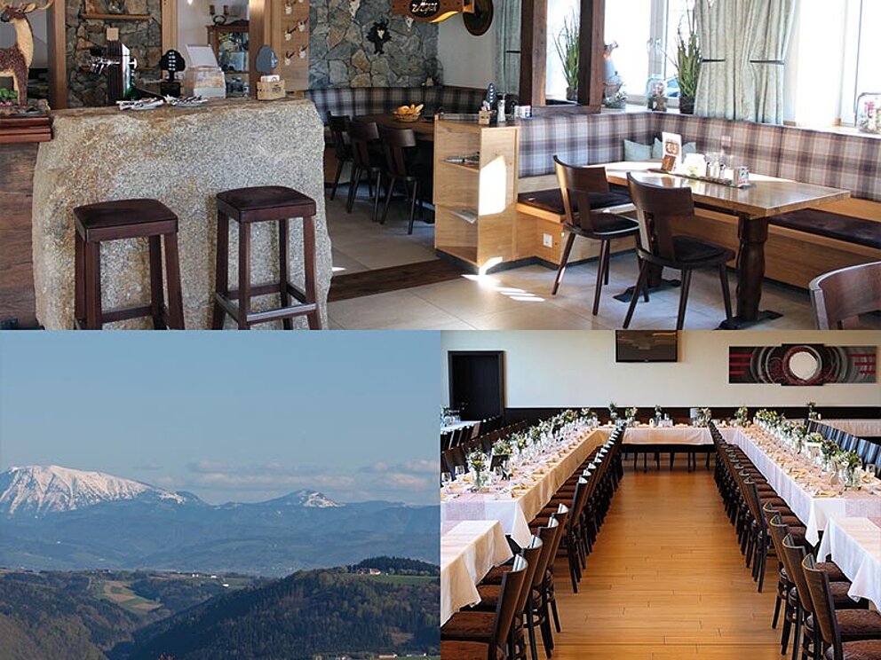 Kollage mit Bildern vom Restaurant, der gemütlichen Stube und dem herrlichen Panoramablick