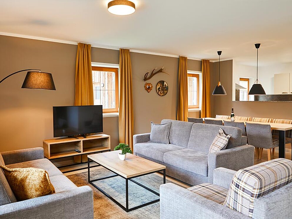 Couch mit Fernseher und Couchtisch, im Hintergrund die Essecke